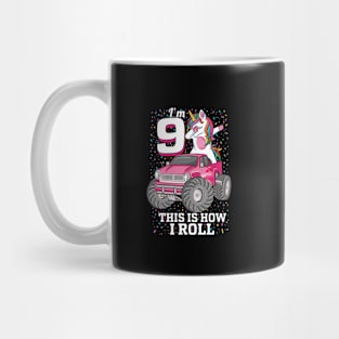 9 years Old kids 9th Birthday Dabbing unicorn Monster Truck Mug